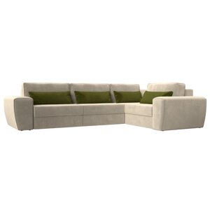 Угловой диван "Лига 008 Long", еврокнижка, правый угол, микровельвет, бежевый / зелёный