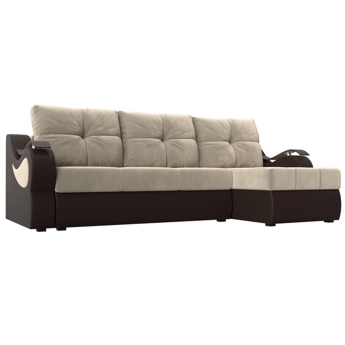 Угловой диван "Меркурий", еврокнижка, микровельвет, цвет бежевый / коричневая экокожа от компании Интернет-гипермаркет «MALL24» - фото 1