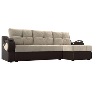 Угловой диван "Меркурий", еврокнижка, микровельвет, цвет бежевый / коричневая экокожа