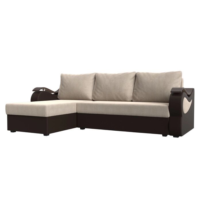 Угловой диван "Меркурий лайт", левый, еврокнижка, рогожка / экокожа, бежевый / коричневый от компании Интернет-гипермаркет «MALL24» - фото 1
