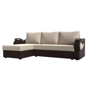 Угловой диван "Меркурий лайт", левый, еврокнижка, рогожка / экокожа, бежевый / коричневый