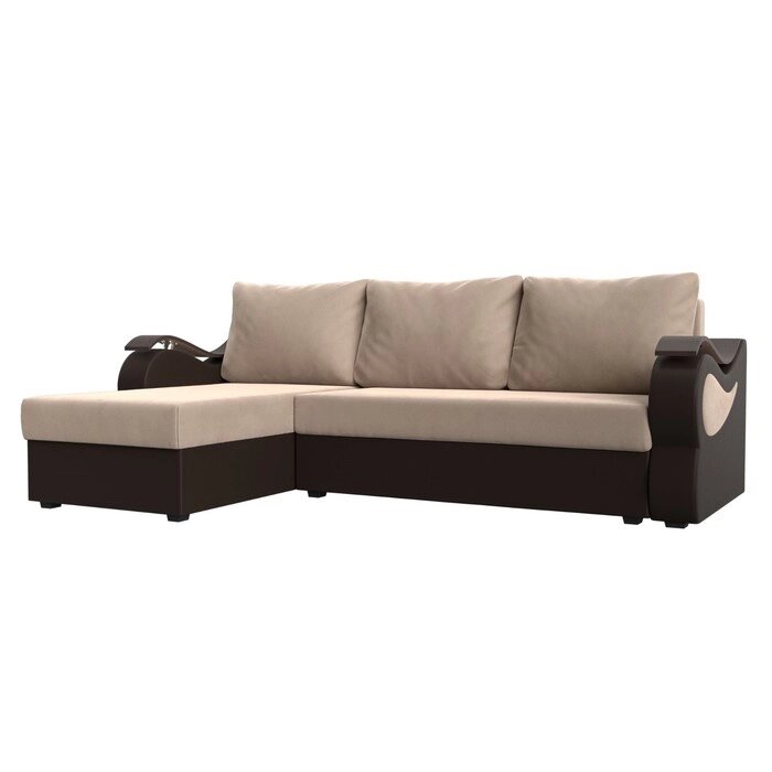 Угловой диван "Меркурий лайт", левый, еврокнижка, велюр / экокожа, бежевый / коричневый от компании Интернет-гипермаркет «MALL24» - фото 1