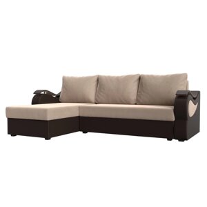 Угловой диван "Меркурий лайт", левый, еврокнижка, велюр / экокожа, бежевый / коричневый
