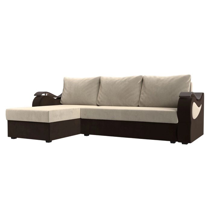 Угловой диван "Меркурий лайт", левый угол, еврокнижка, микровельвет, бежевый / коричневый от компании Интернет-гипермаркет «MALL24» - фото 1