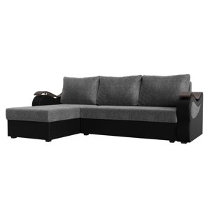 Угловой диван "Меркурий лайт", левый угол, еврокнижка, рогожка / экокожа, серый / чёрный