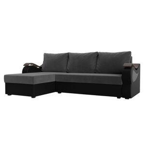 Угловой диван "Меркурий лайт", левый угол, еврокнижка, велюр / экокожа, серый / чёрный