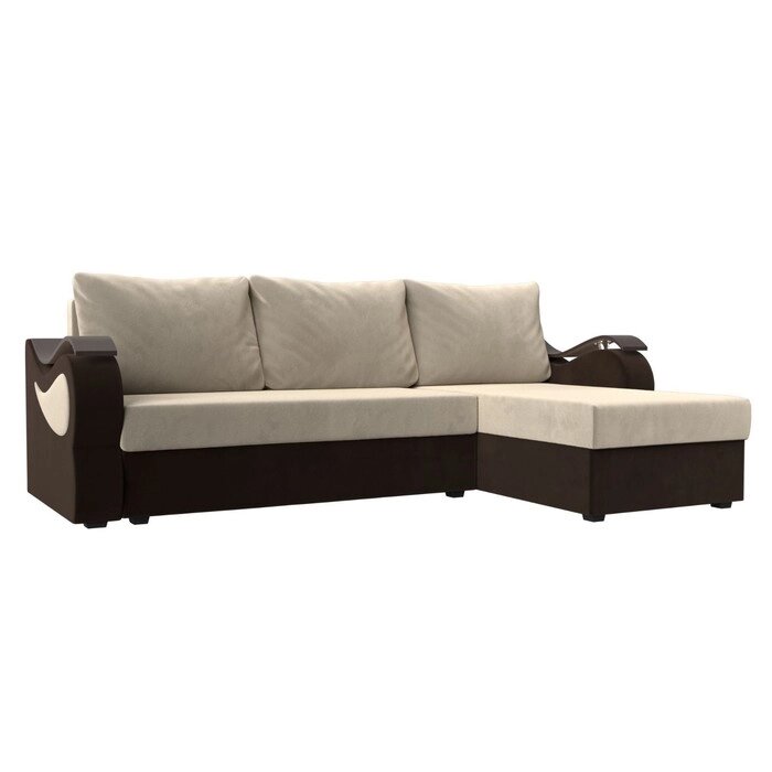 Угловой диван "Меркурий лайт", правый угол, еврокнижка, микровельвет, бежевый / коричневый от компании Интернет-гипермаркет «MALL24» - фото 1