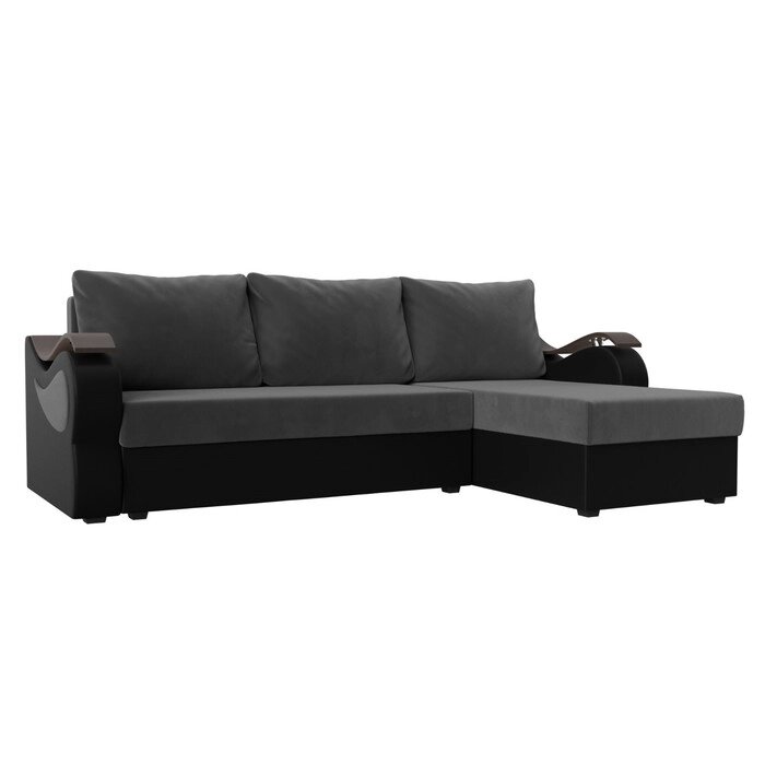 Угловой диван "Меркурий лайт", правый угол, еврокнижка, велюр / экокожа, серый / чёрный от компании Интернет-гипермаркет «MALL24» - фото 1