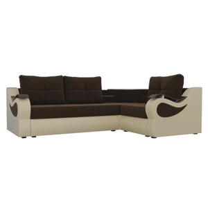 Угловой диван "Митчелл", механизм еврокнижка, коричневый микровельвет / бежевая экокожа