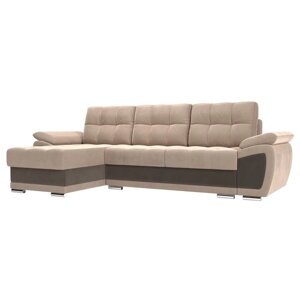 Угловой диван "Нэстор", левый угол, механизм еврокнижка, велюр, цвет бежевый / коричневый