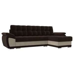 Угловой диван "Нэстор", правый угол, еврокнижка, микровельвет, цвет коричневый / бежевый
