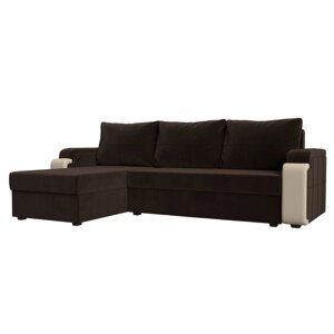 Угловой диван "Николь лайт", левый, еврокнижка, микровельвет/экокожа, коричневый/бежевый