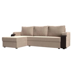 Угловой диван "Николь лайт", левый угол, еврокнижка, велюр / экокожа, бежевый / коричневый