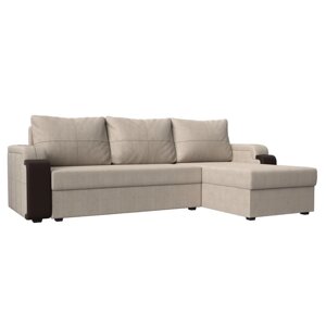Угловой диван "Николь лайт", правый, еврокнижка, рогожка / экокожа, бежевый / коричневый