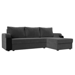 Угловой диван "Николь лайт", правый угол, еврокнижка, велюр / экокожа, цвет серый / чёрный