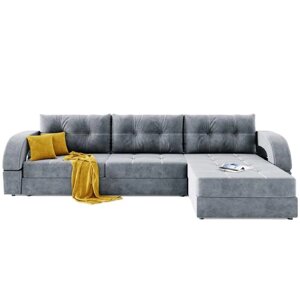 Угловой диван "Талисман 2", угол правый, пантограф, велюр, цвет селфи 15, подушки селфи 08