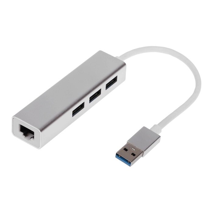 USB-разветвитель (HUB), 3 порта, порт Ethernet, кабель 10 см, серебристый от компании Интернет-гипермаркет «MALL24» - фото 1