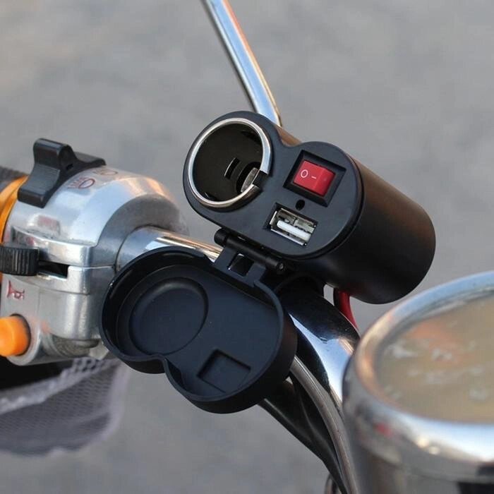 Зарядное устройство с тумблером, на руль мотоцикла, USB + прикуриватель, провод 120 см от компании Интернет-гипермаркет «MALL24» - фото 1