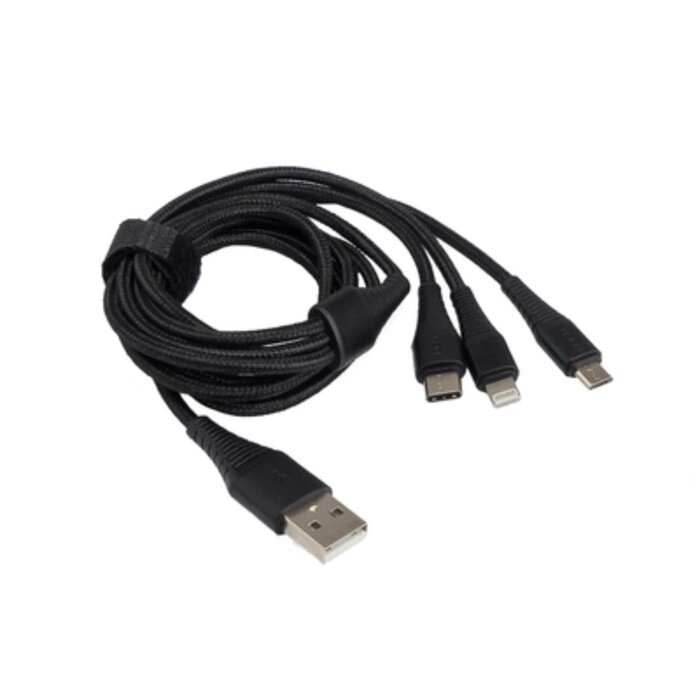 Зарядный кабель Aura TPC-U31B USB-micro/USB C/Lighting, 12 В, длина 1,2 м, цвет чёрный от компании Интернет-гипермаркет «MALL24» - фото 1