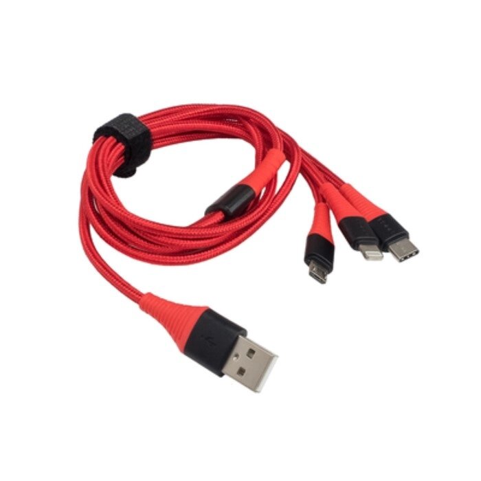 Зарядный кабель Aura TPC-U32R USB-micro/USB C/Lighting, 12 В, длина 1,2 м, красный от компании Интернет-гипермаркет «MALL24» - фото 1