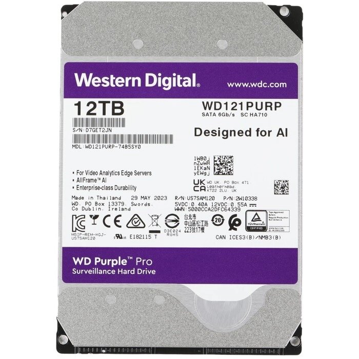 Жесткий диск WD SATA-III 12TB WD121PURP Surveillance Purple Pro (7200rpm) 256Mb 3.5" от компании Интернет-гипермаркет «MALL24» - фото 1