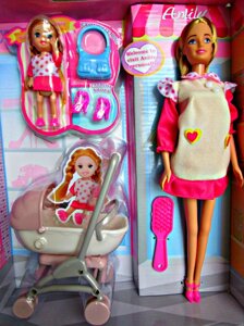 Детская кукла Барби с дочкой и коляской-трансформером
