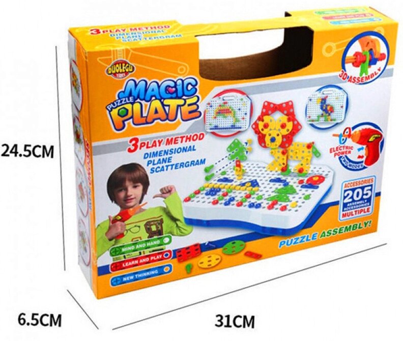 Конcтруктор Magic Plate Puzzle с шуруповертом (Creative Mosaic) на батарейках (3D-конструктор), 205 деталей от компании Интернет магазин детских игрушек Ny-pogodi. by - фото 1