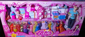 Набор кукла барби Barbie шарнирная семья с платьми и с аксессуарами, детская кухня