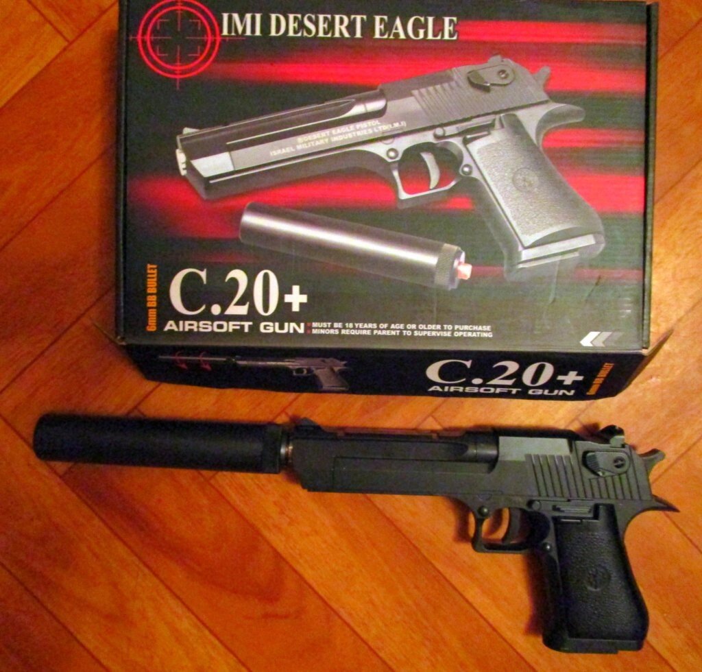 Детский пневматический металлический пистолет Десерт Игл на пульках С 20+ с глушителем - обзор