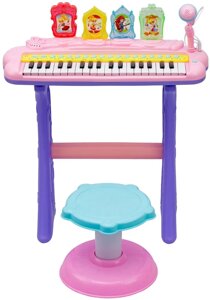 Детский синтезатор пианино караоке со стулом, микрофоном от сети 37 клавиш с mp3 розовый 207