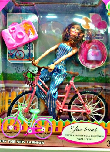 Шарнирная детская Кукла аналог барби на велосипеде, фотоаппаратом и сумкой арт. 2804