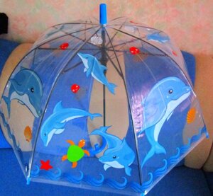 Зонт-трость прозрачный полуавтомат "дельфин" со свистком