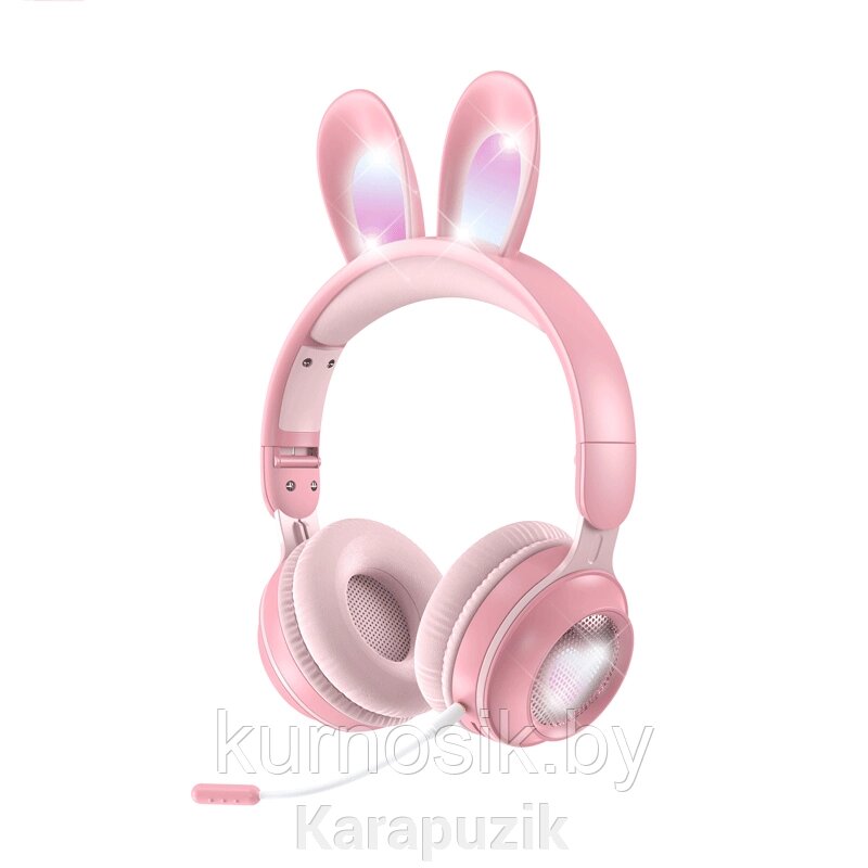 Беспроводные детские наушники Кролик с игровым микрофоном и LED подсветкой, розовые, Ke-01 от компании Karapuzik - фото 1