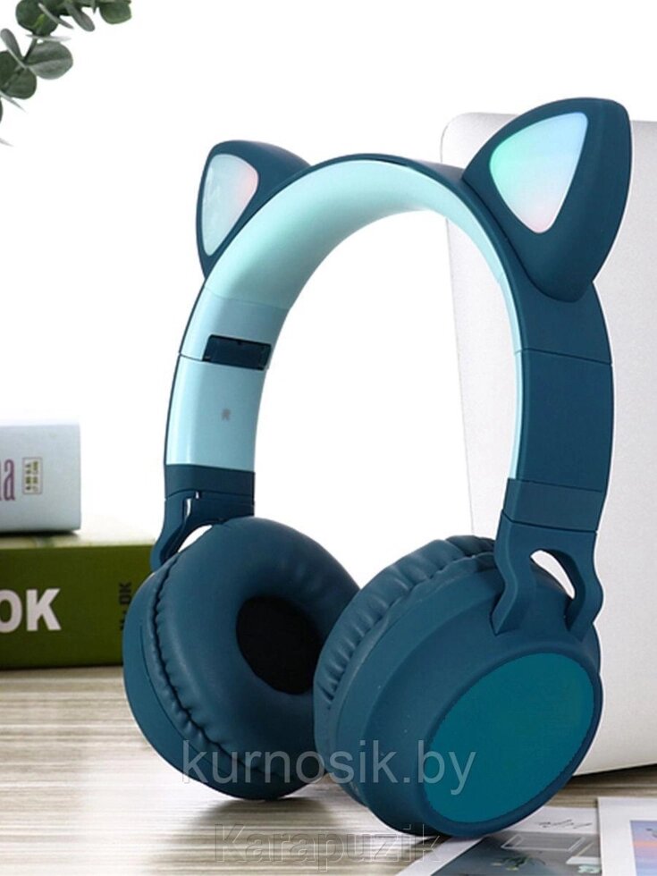 Беспроводные детские наушники с ушками котика (Bluetooth, MP3, FM, AUX, Mic, LED) бирюзовый от компании Karapuzik - фото 1