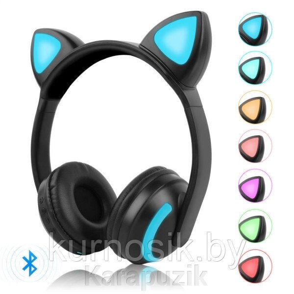 Беспроводные детские наушники с ушками котика (Bluetooth, MP3, FM, AUX, Mic, LED) черные от компании Karapuzik - фото 1