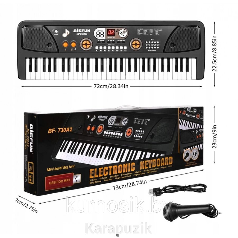 Детский синтезатор с микрофоном, с USB и MP3, от сети 61 клавиша Bigfun BF-730A2 от компании Karapuzik - фото 1