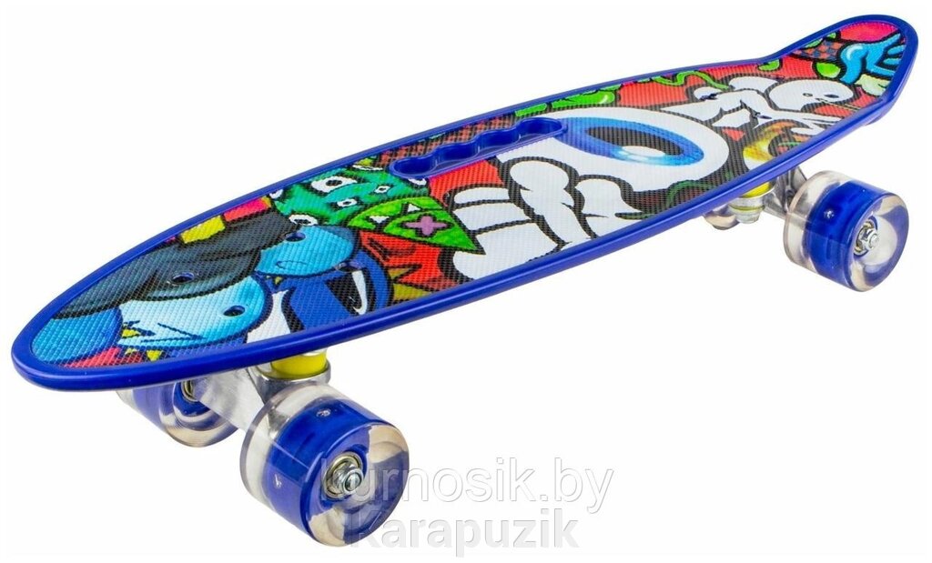 Детский скейт пенни борд с ручкой светящиеся колеса синий от компании Karapuzik - фото 1
