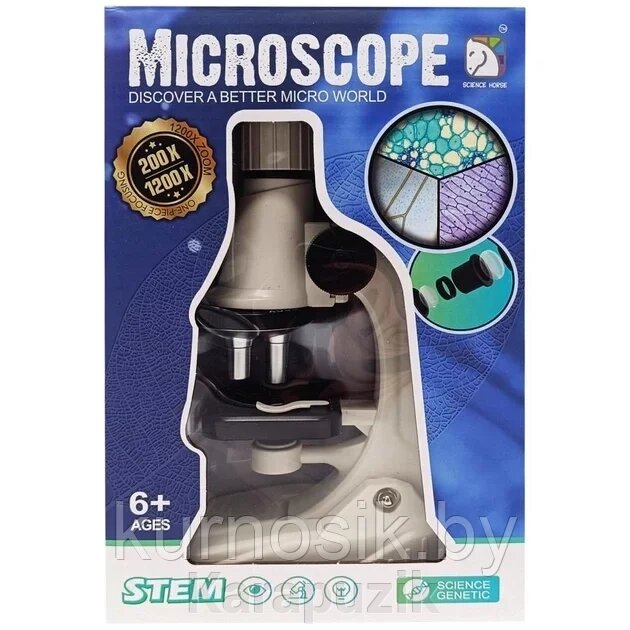 Микроскоп игрушечный с увеличением до 200x, 600х и 1200x, черный от компании Karapuzik - фото 1