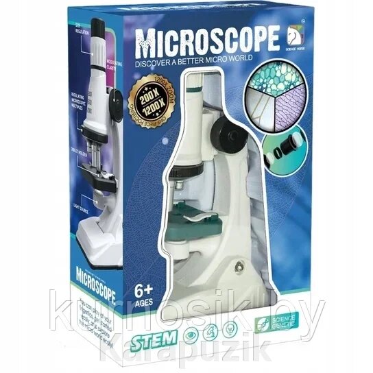 Микроскоп игрушечный с увеличением до 200x, 600х и 1200x, зеленый от компании Karapuzik - фото 1