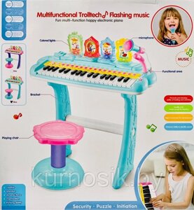 Синтезатор (пианино) детский со стульчиком, микрофоном и USB-кабелем DJ207бирюзовый