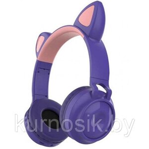 Беспроводные детские наушники с ушками котика (Bluetooth, MP3, FM, AUX, Mic, LED) фиолетовые