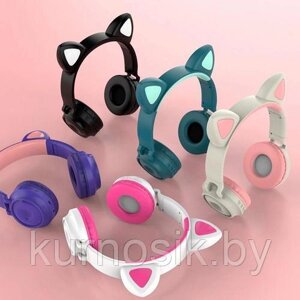 Беспроводные детские наушники с ушками котика (Bluetooth, MP3, FM, AUX, Mic, LED)