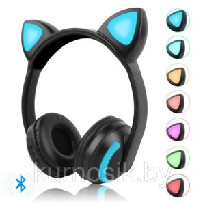 Беспроводные детские наушники с ушками котика (Bluetooth, MP3, FM, AUX, Mic, LED) черные