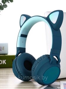 Беспроводные детские наушники с ушками котика (Bluetooth, MP3, FM, AUX, Mic, LED) бирюзовый
