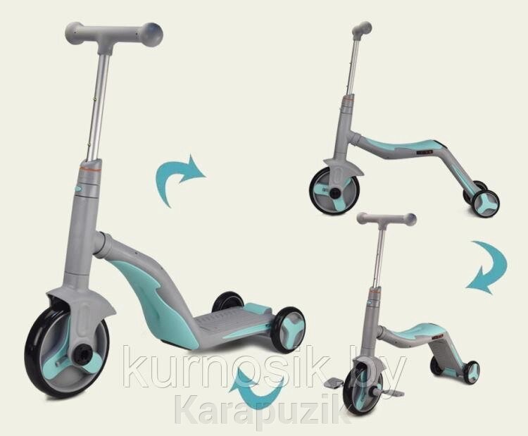 Трёхколёсный самокат-беговел-велосипед 3 в 1 серо-голубой от компании Karapuzik - фото 1