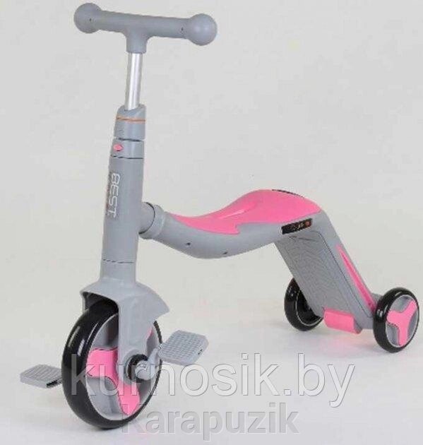 Трёхколёсный самокат-беговел-велосипед 3 в 1 серо-розовый от компании Karapuzik - фото 1