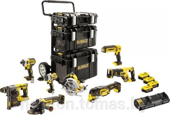 DeWalt DCK853P4 шуруповерт, винтоверт, перфоратор, УШМ, дисковая пила, сабельная пила, реноватор, фонарь, 4 АКБ, тележка от компании Интернет-магазин Newton - фото 1