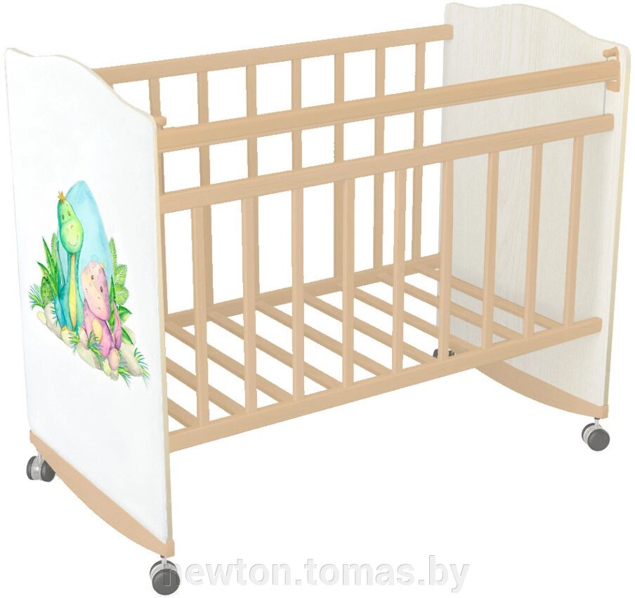 Классическая детская кроватка Indigo My Dream Динозаврики натуральный/белый от компании Интернет-магазин Newton - фото 1
