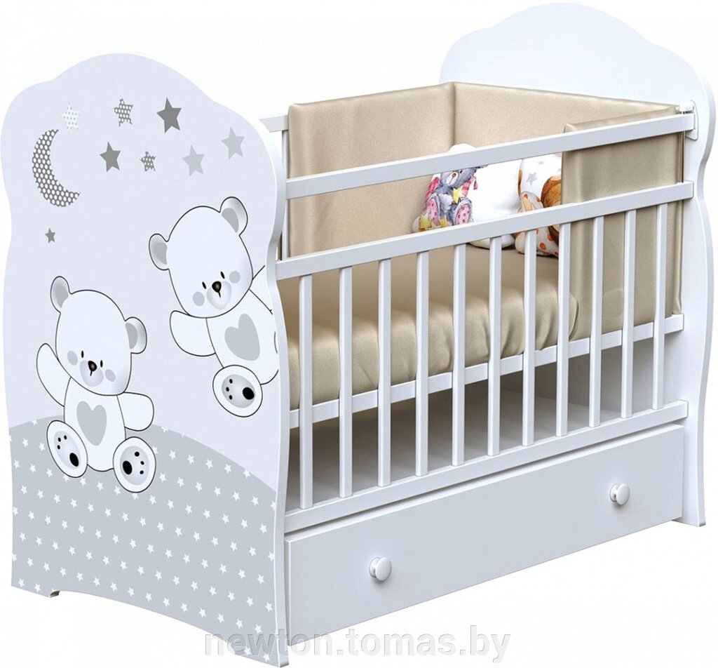 Классическая детская кроватка VDK Funny Bears маятник и ящик белый от компании Интернет-магазин Newton - фото 1
