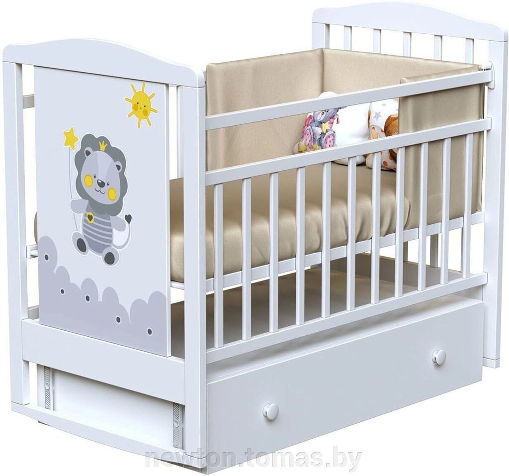 Классическая детская кроватка VDK Happy Lion маятник и ящик белый от компании Интернет-магазин Newton - фото 1